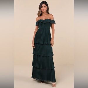 Lulus Always Remarkable Emerald Pleated Off-the-shoulder Maxi Dress Green